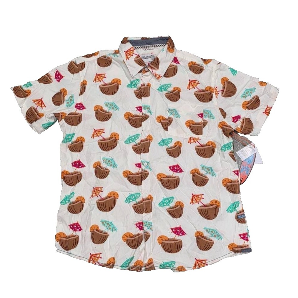 Huntington BC Coconut Tiki Drink Hawaiian Tropical Shirt White XL A005834